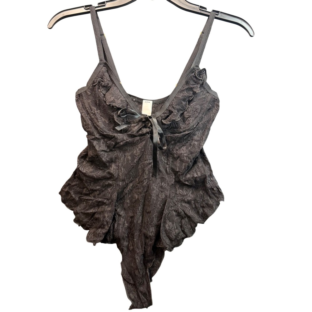 Floral Lace Teddy Bodysuit Women OS Black Excellent Ruffle‎ Wireless Lingerie